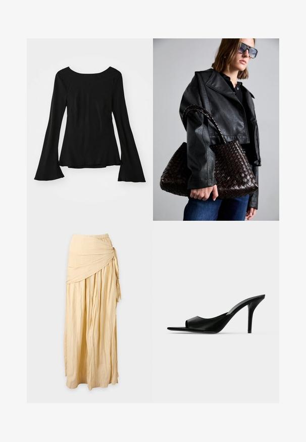 Zwarte lange mouw top met een ronde hals. Heeft uitlopende mouwen en een iets losse pasvorm. Gemaakt van een zachte, rekbare stof.; Lange beige rok met geplooide stof en een gedraaide knoopdetail aan de rechterkant, weergegeven tegen een effen achtergrond.; Zwarte leren mule met open teen en hoge slanke naaldhak, zijaanzicht tegen een effen achtergrond.; DRAGON DIFFUSION SANTA CROCE BIG - Handtas - dark brown