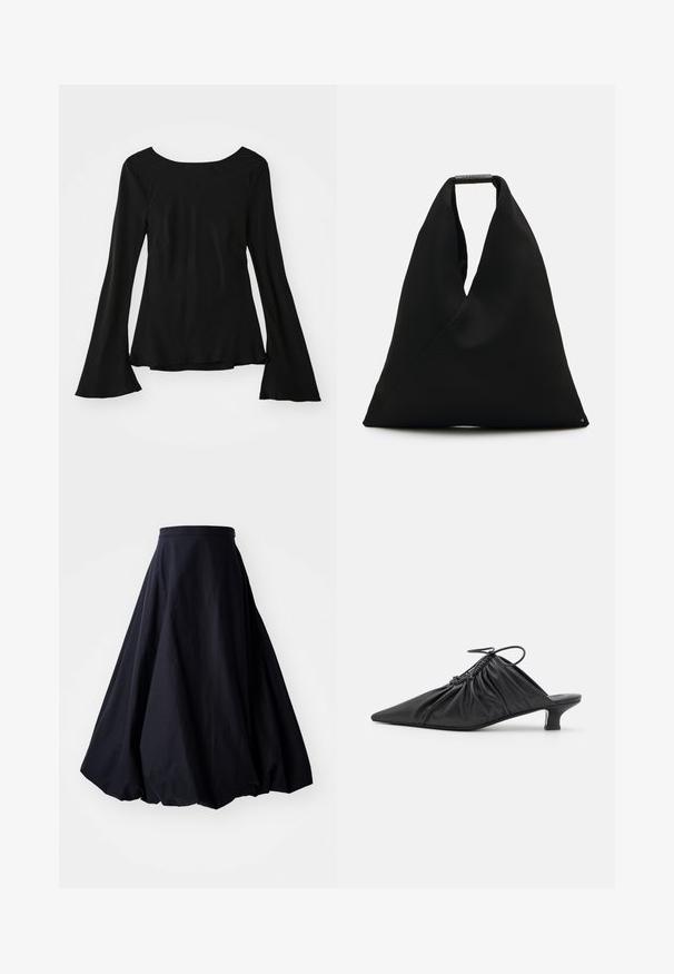 Zwarte lange mouw top met een ronde hals. Heeft uitlopende mouwen en een iets losse pasvorm. Gemaakt van een zachte, rekbare stof.; By Malene Birger AUBREY - Maxirok - black; Zwarte leren instappers met een spitse neus, gegatherde textuur en een kleine kittenhiel. Heeft een trekkoorddetail aan de opening.; Zwart stoffen draagtas met een uniek V-vormig ontwerp en een gladde textuur. Voorzien van een korte handgreep met minimalistische hardware-details.