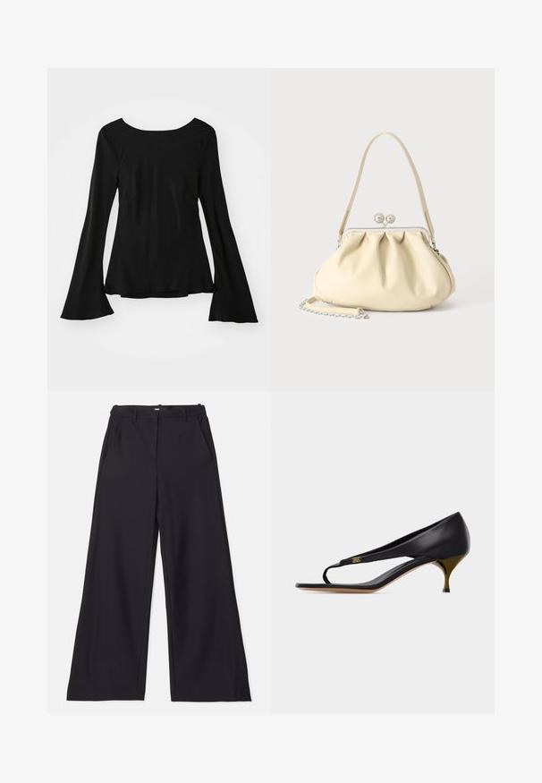 T-shirt noir à manches longues avec un décolleté en cœur. Doté de manches évasées et d'une coupe légèrement ample. Confectionné dans un tissu lisse et extensible.; Maje PIMANO - Pantalon classique - noir; Sandale à talon kitten en cuir noir avec fine bride sur les orteils et détail d'emblème doré sur le côté.; Sac à main en cuir souple couleur crème avec un design froncé, fermoir cadre argenté, poignée courte et bandoulière chaîne amovible.