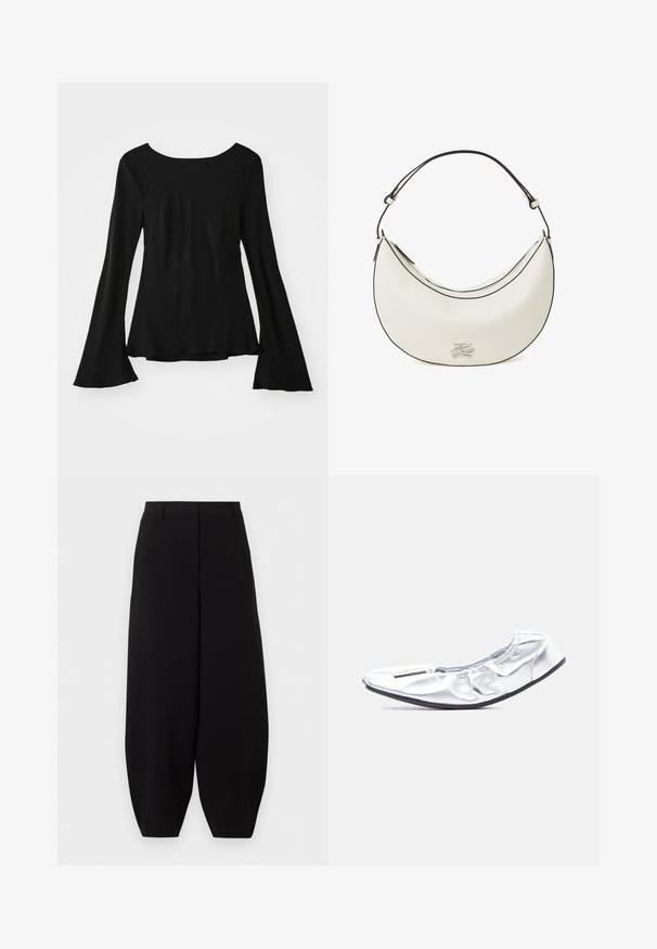 Zwarte lange mouw top met een ronde hals. Heeft uitlopende mouwen en een iets losse pasvorm. Gemaakt van een zachte, rekbare stof.; Zwarte wijde cropped broek met hoge taille, zonder zichtbare zakken of versieringen.; Zilverkleurige zachte balletschoen met elastische opening en dunne zwarte zool, gefotografeerd op een lichtgrijze achtergrond.; Witte leren handtas in de vorm van een halve maan met zwarte bies, verstelbare schouderriem, ritssluiting en zilveren metalen logo aan de voorkant.