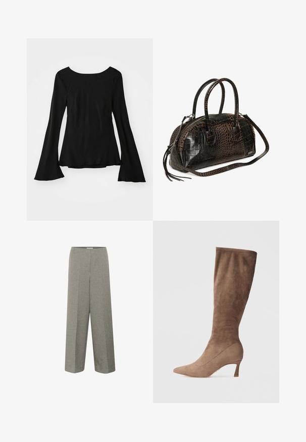 Zwarte lange mouw top met een ronde hals. Heeft uitlopende mouwen en een iets losse pasvorm. Gemaakt van een zachte, rekbare stof.; Soaked in Luxury SLLILU WIDE LONG - Broek - grey melange suiting; Bruine suede kniehoge laars met een spitse neus en een taps toelopende hak, met een gladde textuur en een naadloos ontwerp.; Zwarte en bruine leren handtas met krokodillenpatroon, met dubbele handvatten en een lange verstelbare schouderriem, voorzien van een zilverkleurige ritssluiting en decoratieve kwastjes.