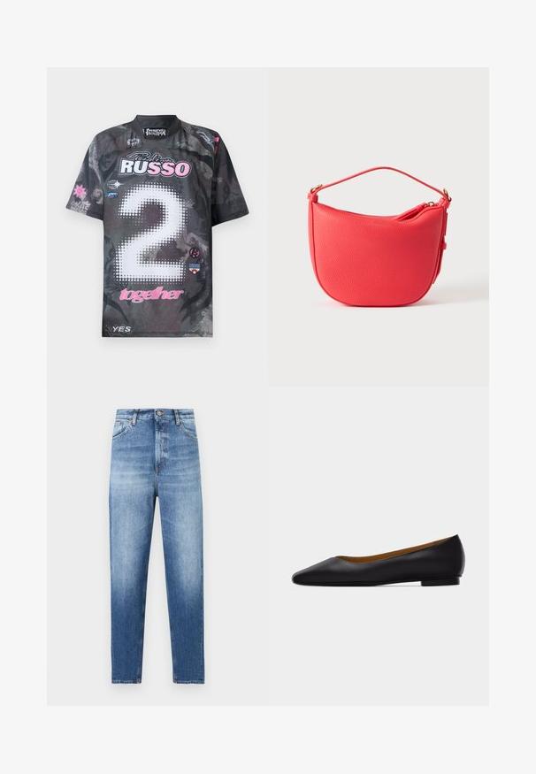 Korte mouwen trui in zwart met grafische patronen, voorzien van "2" in witte stippen, roze accenten en meerdere logo's in verschillende kleuren.; Blauwe denim jeans met hoge taille, vervaagde wassing, sluiting met knopen en rits aan de voorkant, en een klassiek ontwerp met vijf zakken.; Zwarte leren puntschoen met lage hak en gladde afwerking, zijaanzicht op een lichtgrijze achtergrond.; Felrood, gestructureerde leren handtas met een gebogen vorm, bovenste ritsluiting en een kort hengsel. Voorzien van gouden hardware accenten.