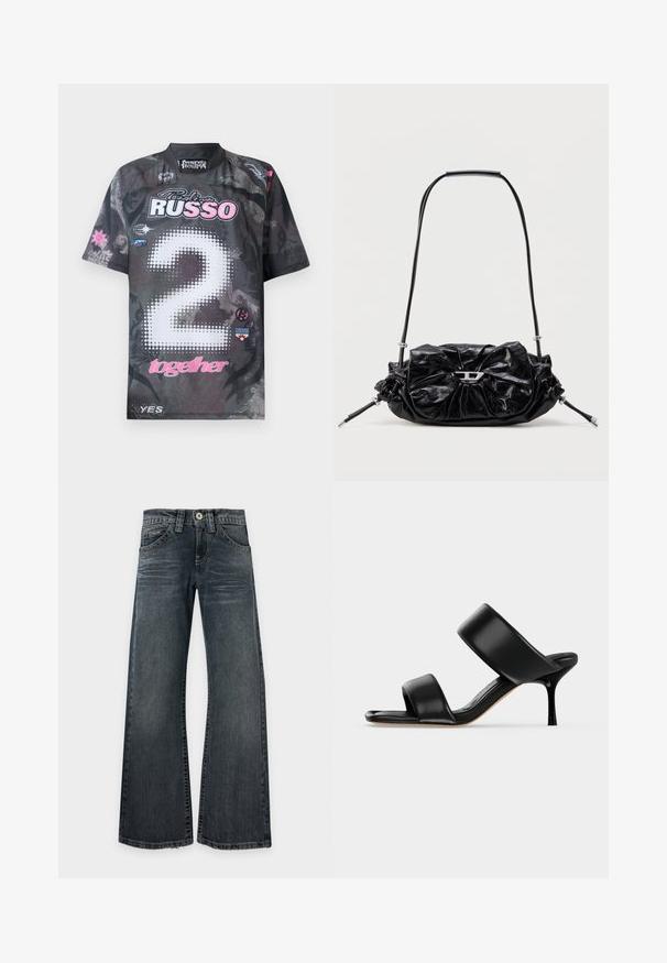 Korte mouwen trui in zwart met grafische patronen, voorzien van "2" in witte stippen, roze accenten en meerdere logo's in verschillende kleuren.; Donkergewassen, wide-leg jeans met lichte vervaging op de dijen, klassiek vijfzakkenmodel en zichtbare stiksels, plat neergelegd op een witte achtergrond.; Zwarte leren mule sandaal met twee brede banden en een slanke, middelhoog stilettohak op een effen lichte achtergrond.; Zwarte leren handtas met een geplooid design en een strikdetail aan de voorkant. Voorzien van een korte handgreep en zilverkleurige metalen accenten.