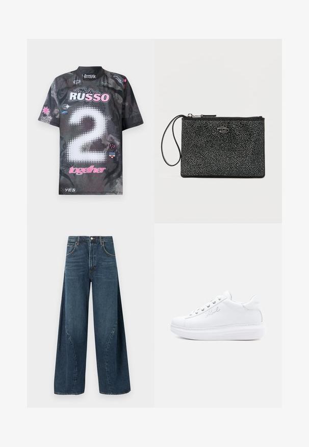 Kurzarmpullover in Schwarz mit grafischen Mustern, versehen mit einer "2" in weißen Punkten, pinken Akzenten und mehreren Logos in verschiedenen Farben.; Dunkelblaue, weit geschnittene Jeans aus Denim mit Taschen vorne, Gürtelschlaufen und einem Knopfverschluss an der Taille, auf einem schlichten Hintergrund präsentiert.; Weiße Leder-Sneaker mit Gummisohle, runder Spitze, flachen Schnürsenkeln und dezentem Logo-Detail auf der Seite und Rückseite. Glatte Textur.; Schwarze Clutch mit strukturierter Oberfläche, verziert mit kleinen silbernen Nieten, ausgestattet mit einem oberen Reißverschluss und einem seitlichen Handgelenkriemen.