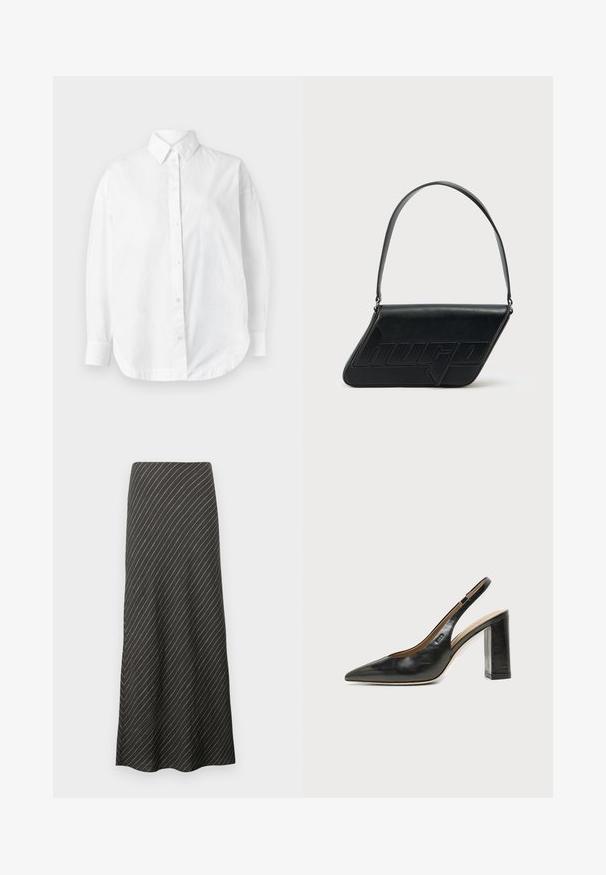 Chemise blanche à boutons avec un col classique, des manches longues et un ourlet arrondi, confectionnée dans un tissu lisse sans motifs visibles.; Jupe midi noire avec des rayures blanches diagonales, fabriquée dans un tissu lisse. Présente un design évasé et une silhouette en A.; Chaussure slingback en cuir noir à bout pointu avec un talon bloc haut et une doublure intérieure beige sur un fond clair uni.; Sac d'épaule en cuir noir de forme triangulaire, avec un logo embossé et une seule bandoulière réglable. Design minimaliste avec une texture lisse.