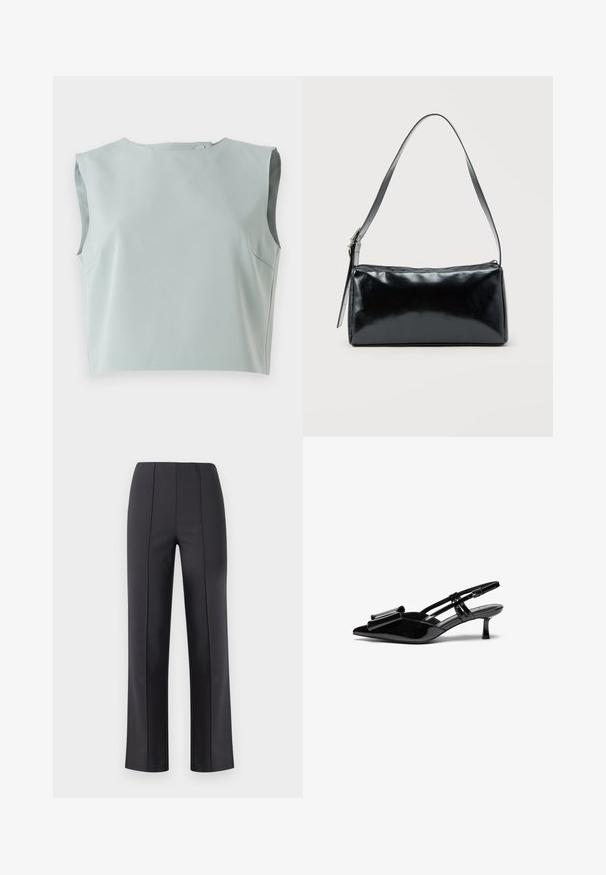 Λείο, αμάνικο crop top σε απαλό, ανοιχτό μπλε ύφασμα. Διαθέτει στρογγυλή λαιμόκοψη και διακριτές ραφές, κατασκευασμένο από ελαφρύ υλικό.; Μαύρο παντελόνι με ίσια γραμμή, ραφές μπροστά και ελαστική μέση, παρουσιάζεται σε ομοιόμορφο ανοιχτό φόντο.; Μαύρες πατεντέ δερμάτινες γόβες slingback με μυτερή μύτη, ένα φιόγκο μπροστά και μικρό τακούνι στιλέτο. Οι ιμάντες έχουν ρυθμιζόμενες αγκράφες.; Μαύρη ορθογώνια τσάντα ώμου με έναν ρυθμιζόμενο ιμάντα και κλείσιμο με φερμουάρ στην κορυφή σε μονόχρωμο φόντο.