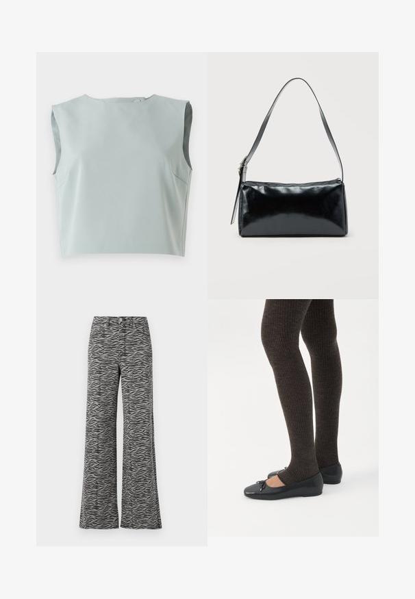 Elegante, ærmeløs crop top i blødt, lysblåt stof. Har en rund halsudskæring og diskrete sømdetaljer, lavet af letvægtsmateriale.; Højtaljede grå bukser med sort tigerstribet mønster, lige brede ben, knap- og lynlåslukning samt forlommer.; Ben iført mørke ribbede leggings kombineret med sorte balletsko med små sløjfedetaljer på hvid baggrund.; Sort rektangulær skuldertaske med en enkelt justerbar rem og lynlås i toppen på en ensfarvet baggrund.
