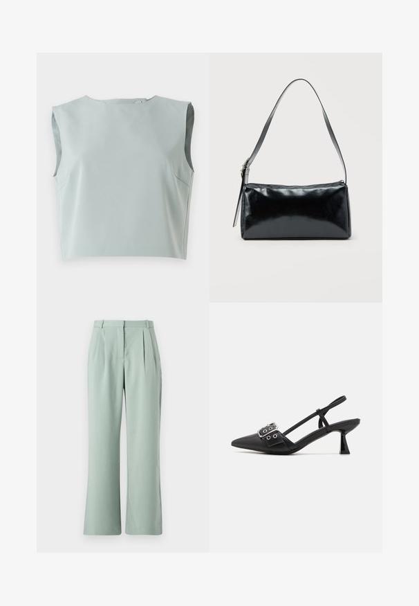 Top corto sin mangas de diseño elegante en suave tela azul claro. Presenta un escote redondo y detalles de costura sutil, confeccionado en material liviano.; Pantalones de pierna ancha en verde claro con pliegues, presentan una textura suave y una cinturilla tradicional. El tejido parece ligero y suave.; Simmi London DALA - Tacones - black; Bolso de hombro rectangular negro con una correa ajustable y un cierre de cremallera superior sobre un fondo liso.