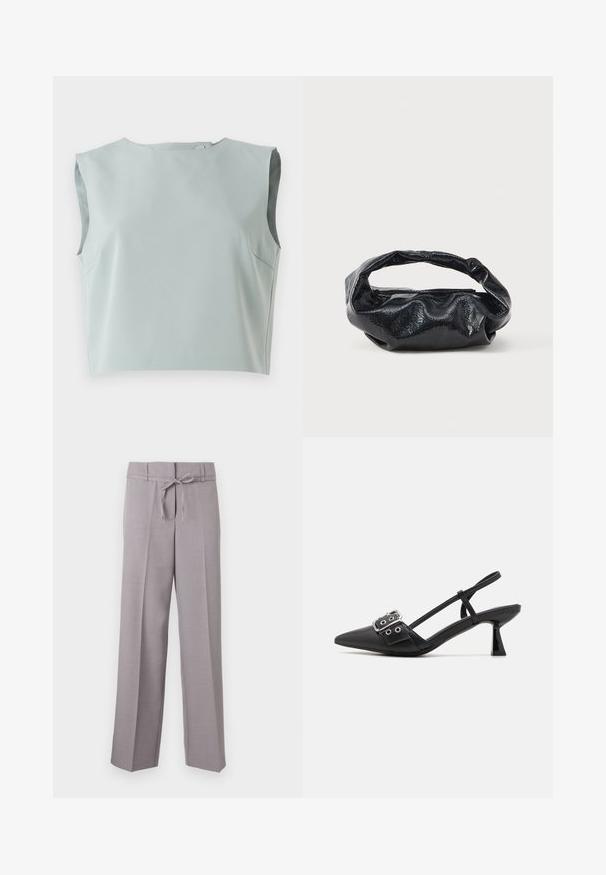 Sile, ilma varrukat crop top pehmest, helesinisest kangast. Omab ümmargust kaelust ja diskreetset õmbluste detaili, valmistatud kerge materjali kasutades.; Heledad hallid, laiad püksid pehme tekstuuriga, millel on nööriga vöökoht ja pressitud voldid, tagades struktureeritud istuvuse.; Simmi London DALA - Klassikalised kontsakingad - black; Must have kõrge läikega struktuurse materjaliga must käekott, millel on ümmargune, keeratud sang ja tõmblukk. Omab pehmet, kortsulist disaini.