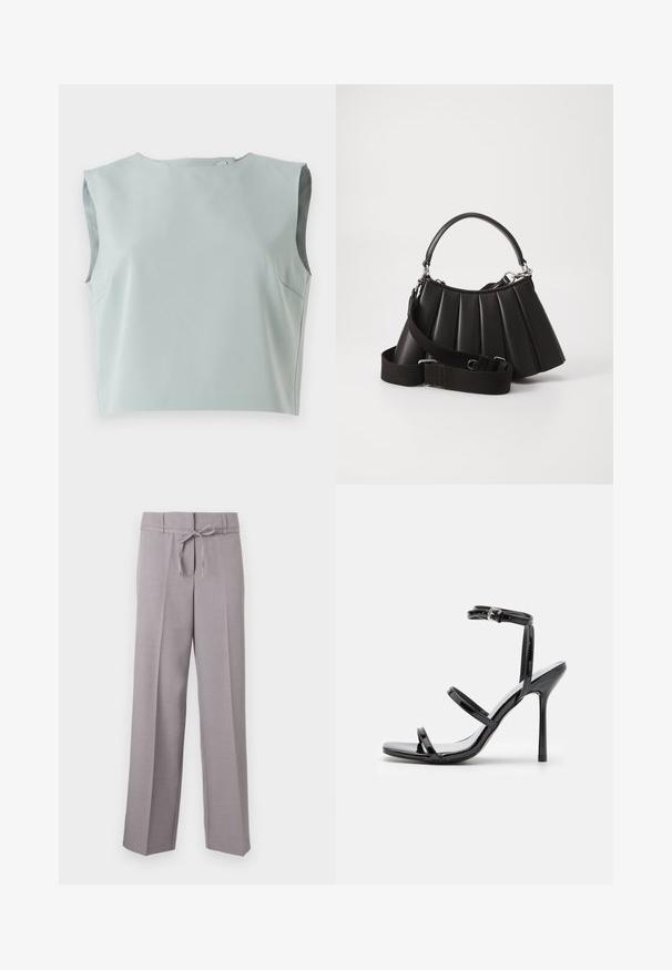 Elegante, ærmeløs crop top i blødt, lysblåt stof. Har en rund halsudskæring og diskrete sømdetaljer, lavet af letvægtsmateriale.; Lys grå, vide bukser med en blød tekstur, der har en snoretræk i livet og pressede folder for en struktureret pasform.; Sorte patentlæder højhælede sandaler med tre horisontale stropper og en justerbar ankelstrop. Elegant silhuet og skinnende finish.; Sort plisseret handbag med et rundet håndtag, justerbar rem og blank overflade. Har sølvfarvet hardware og en struktureret silhuet.