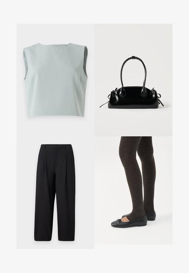 Elegante, ærmeløs crop top i blødt, lysblåt stof. Har en rund halsudskæring og diskrete sømdetaljer, lavet af letvægtsmateriale.; Sorte bukser med en afslappet pasform, plisseret front, glat talje og blød tekstur. Klippet til en cropped længde, velegnet til både formelt og afslappet brug.; Ben iført mørke ribbede leggings kombineret med sorte balletsko med små sløjfedetaljer på hvid baggrund.; Lille sort blank håndtaske med to lange håndtag og snøre-detaljer i siden på en ensfarvet lys baggrund.