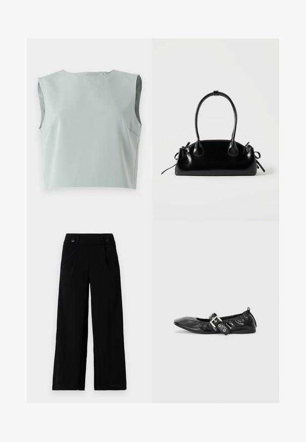 Strakke, mouwloze crop top van zachte, bleke blauwe stof. Kenmerkt zich door een ronde halslijn en subtiele stiksels, gemaakt van lichtgewicht materiaal.; Zwarte wijde broek met een vlakke voorzijde, zijzakken en twee knopen in de taille. Soepele stof met een subtiele glans.; Zwarte leren platte schoen met een spitse neus, geplooide details rond de opening en een zilveren gespaccentueerde verstelbare band.; Kleine zwarte glanzende handtas met twee lange hengsels en zijkant trekkoord details op een effen lichte achtergrond.