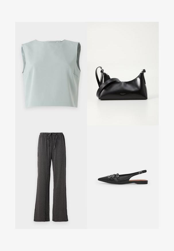 Top corto sin mangas de diseño elegante en suave tela azul claro. Presenta un escote redondo y detalles de costura sutil, confeccionado en material liviano.; Pantalones de pijama a rayas en blanco y negro, con cintura ajustable, piernas anchas y un tejido suave y texturizado con líneas verticales.; Zapato plano slingback de cuero negro con puntera puntiaguda, que presenta dos correas horizontales y hebillas plateadas cuadradas, tacón bajo y textura suave.; Bolso de mano de cuero negro con una textura suave. Cuenta con una correa ajustable y un diseño elegante y minimalista con cierre de cremallera.
