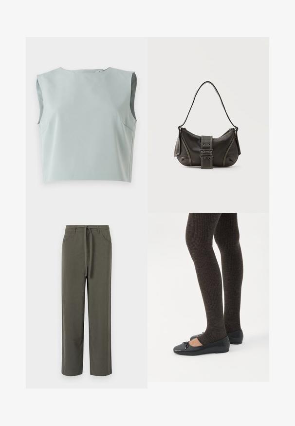 Λείο, αμάνικο crop top σε απαλό, ανοιχτό μπλε ύφασμα. Διαθέτει στρογγυλή λαιμόκοψη και διακριτές ραφές, κατασκευασμένο από ελαφρύ υλικό.; Ελαιόλαδο πράσινα παντελόνια κατασκευασμένα από μαλακό ύφασμα, με ίσια γραμμή, πίσω και πλάγιες τσέπες, και ζώνη για δέσιμο στη μέση.; Πόδια με σκουρόχρωμα ριμπ κολάν συνδυασμένα με μαύρα μπαλαρίνα παπούτσια με μικρές λεπτομέρειες φιόγκων σε λευκό φόντο.; Μαύρη δερμάτινη τσάντα ώμου με λεπτομέρεια ιμάντα με πόρπη, καμπυλωτές άκρες και αντίθετη λευκή ραφή σε απλό φόντο.