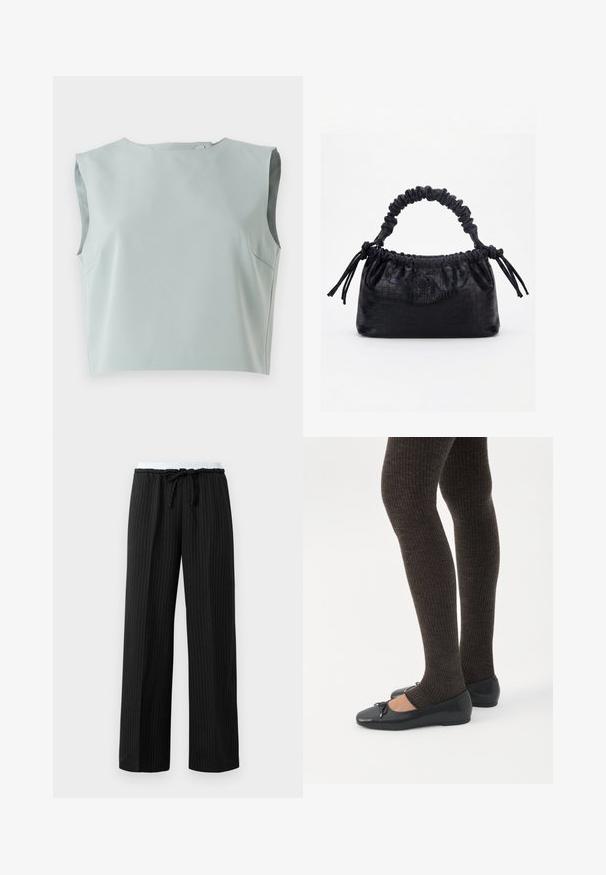 Top corto sin mangas de diseño elegante en suave tela azul claro. Presenta un escote redondo y detalles de costura sutil, confeccionado en material liviano.; Pantalones de pierna ancha a rayas negras con cinturilla elástica blanca y lazo negro ajustable en la cintura.; Piernas con leggings oscuros acanalados combinados con bailarinas negras que presentan pequeños detalles de lazo sobre un fondo blanco.; Bolso negro con textura de cocodrilo, borde superior fruncido, asa recogida y cordones con borlas en cada lado sobre un fondo blanco.