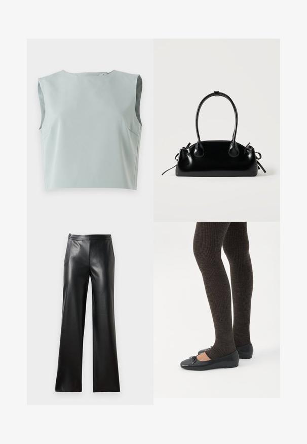 Top corto sin mangas de diseño elegante en suave tela azul claro. Presenta un escote redondo y detalles de costura sutil, confeccionado en material liviano.; Pantalones de cuero negro de pierna ancha con una textura suave, bolsillos frontales y cierre de cremallera. Presentan un diseño limpio y minimalista.; Piernas con leggings oscuros acanalados combinados con bailarinas negras que presentan pequeños detalles de lazo sobre un fondo blanco.; Pequeño bolso negro brillante con dos asas largas y detalles de cordón lateral sobre un fondo claro liso.