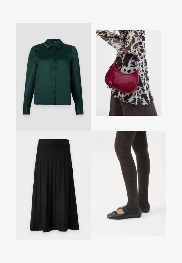 Blouse en satin vert foncé avec des manches longues, un col pointu et des boutons à l'avant. Texture lisse et design ajusté.; Jupe plissée noire en tissu doux, dotée d'une taille côtelée et d'un design fluide qui s'étend jusqu'à mi-mollet.; Jambes portant des leggings côtelés foncés associés à des ballerines noires avec de petits détails en nœud sur fond blanc.; Femme portant un chemisier à motif noir et blanc tenant un sac à main rouge brillant sur un fond uni.
