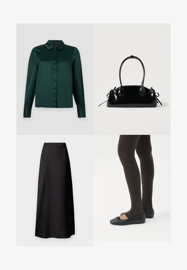 Blusa de satén verde oscuro con mangas largas, cuello puntiagudo y botones frontales. Textura suave y diseño ajustado.; Falda maxi de satén negro con una textura suave, diseño de tiro alto, silueta fluida y sin patrones visibles ni detalles de hardware.; Piernas con leggings oscuros acanalados combinados con bailarinas negras que presentan pequeños detalles de lazo sobre un fondo blanco.; Pequeño bolso negro brillante con dos asas largas y detalles de cordón lateral sobre un fondo claro liso.