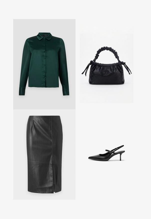 Blusa de satén verde oscuro con mangas largas, cuello puntiagudo y botones frontales. Textura suave y diseño ajustado.; Falda lápiz de cuero negro con un diseño elegante, que cuenta con una abertura lateral y una textura suave, adecuada para uso formal o casual.; Zapatos de tacón slingback de cuero negro con punta afilada, correa ajustable delgada y un tacón de aguja de aproximadamente 5 cm, textura suave.; Bolso negro con textura de cocodrilo, borde superior fruncido, asa recogida y cordones con borlas en cada lado sobre un fondo blanco.