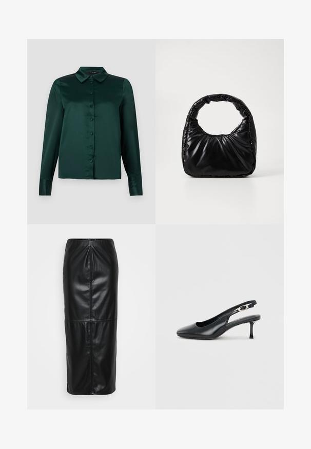 Blouse en satin vert foncé avec des manches longues, un col pointu et des boutons à l'avant. Texture lisse et design ajusté.; Jupe midi en cuir noir avec une texture lisse, présentant des détails de coutures verticales et une taille élastique pour une silhouette ajustée.; Chaussure slingback noire en cuir à bout pointu avec un petit talon aiguille bas et une bride réglable à boucle sur un fond clair uni.; Sac à main noir rembourré avec une poignée arrondie, présentant une surface lisse et brillante ainsi qu'une texture douce et matelassée. Pas de quincaillerie ou d'accents visibles.