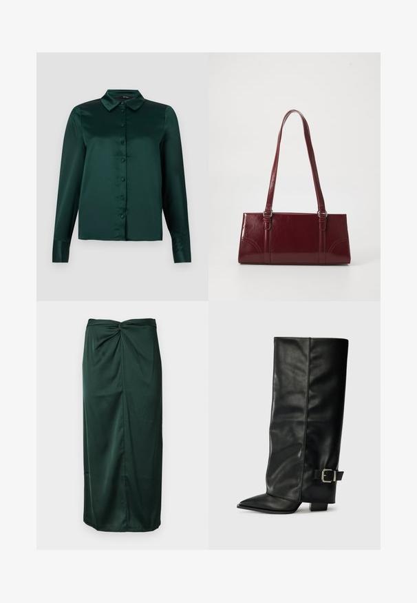 Blouse en satin vert foncé avec des manches longues, un col pointu et des boutons à l'avant. Texture lisse et design ajusté.; Jupe en satin vert foncé avec un design enroulé torsadé à la taille et une silhouette droite élégante avec une texture lisse.; Bottes noires en cuir longueur cheville avec un bout pointu, texture lisse et une accent en boucle argentée sur le côté. Talon carré épais.; Sac à main bordeaux en matériau brillant, de forme rectangulaire, avec deux anses et des accents légèrement courbés à l'avant.