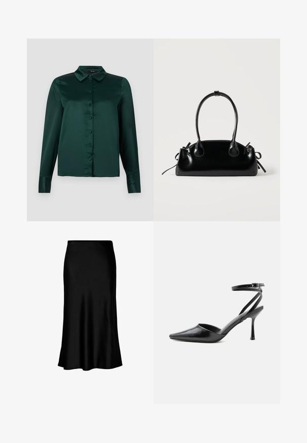 Mørkegrøn satinbluse med lange ærmer, spidse kraver og knapper foran. Glat tekstur og tætsiddende design.; Sort satin midi-nederdel med en glat tekstur, klokkeformet kant og en tætsiddende talje, der har et enkelt, klassisk design.; Sort spids højhælet sko med tynde ankelremme og sølvspænde på en ensfarvet lys baggrund.; Lille sort blank håndtaske med to lange håndtag og snøre-detaljer i siden på en ensfarvet lys baggrund.