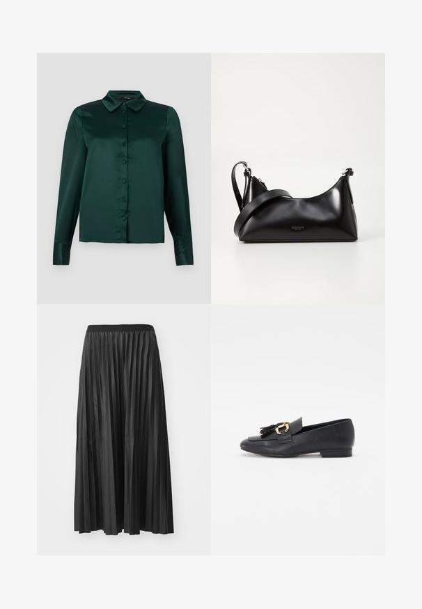 Blusa de satén verde oscuro con mangas largas, cuello puntiagudo y botones frontales. Textura suave y diseño ajustado.; Falda larga negra plisada con una textura suave y cinturilla elástica, que presenta pliegues verticales que crean volumen y movimiento.; Mocasines de cuero negro con punta afilada, que presentan un acento de hardware dorado y borlas en la parte frontal, tacón bajo y textura suave.; Bolso de mano de cuero negro con una textura suave. Cuenta con una correa ajustable y un diseño elegante y minimalista con cierre de cremallera.