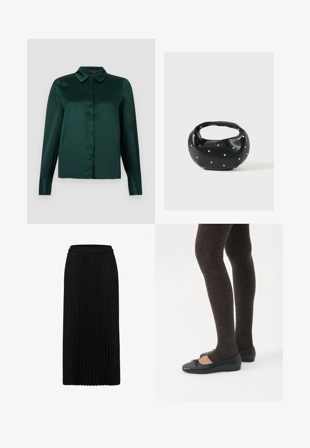 Blusa de satén verde oscuro con mangas largas, cuello puntiagudo y botones frontales. Textura suave y diseño ajustado.; Falda midi negra plisada con cintura elástica y pliegues verticales, mostrada sobre un fondo blanco.; Piernas con leggings oscuros acanalados combinados con bailarinas negras que presentan pequeños detalles de lazo sobre un fondo blanco.; Bolso de mano de cuero negro con forma redondeada, decorado con detalles de tachuelas plateadas y un asa corta. Textura lisa y cierre con cremallera.