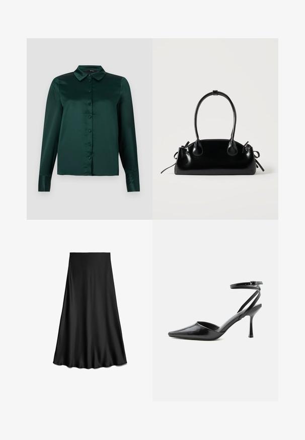 Mørkegrøn satinbluse med lange ærmer, spidse kraver og knapper foran. Glat tekstur og tætsiddende design.; Sort A-formet satin nederdel med glat tekstur og flydende kant, knælængde, vist på hvid baggrund.; Sort spids højhælet sko med tynde ankelremme og sølvspænde på en ensfarvet lys baggrund.; Lille sort blank håndtaske med to lange håndtag og snøre-detaljer i siden på en ensfarvet lys baggrund.