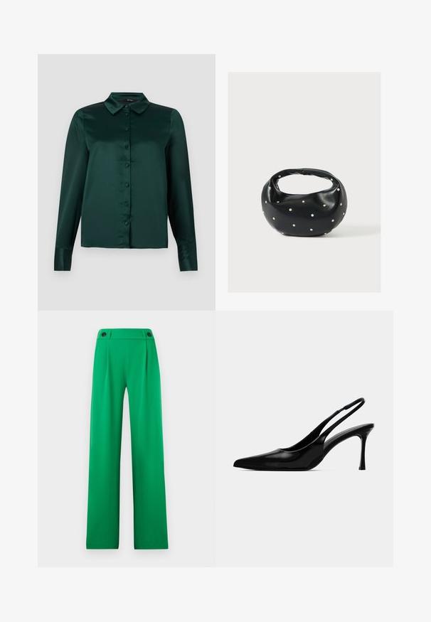 Blouse en satin vert foncé avec des manches longues, un col pointu et des boutons à l'avant. Texture lisse et design ajusté.; Pantalon vert à jambes larges et taille haute, avec des boutons décoratifs à la ceinture, un tissu lisse et un design avant épuré.; Escarpin en cuir verni noir à bride arrière, avec un bout pointu, un design épuré et un talon aiguille fin. Texture lisse, embellissements minimaux.; Sac à main en cuir noir de forme arrondie, décoré de clous argentés et équipé d'une poignée courte. Texture lisse et fermeture éclair.