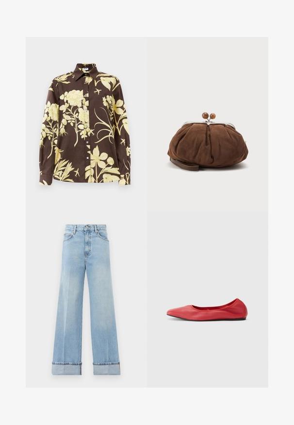 Brun langærmet skjorte med store gule blomster mønstre, spids krave og knaplukning foran. Lavet af letvægtsstof.; Lysblå vidbukser lavet af denim, med høj talje, opsmøgte syninger og klassisk fem-lomme-design. Ren finish med minimal slid.; Filippa K REY FLATS - Ballerinasko - bright red; Blød brun ruskindshåndtaske med sølvmetal ramme og runde brune låsekugler på en ensfarvet lys baggrund.