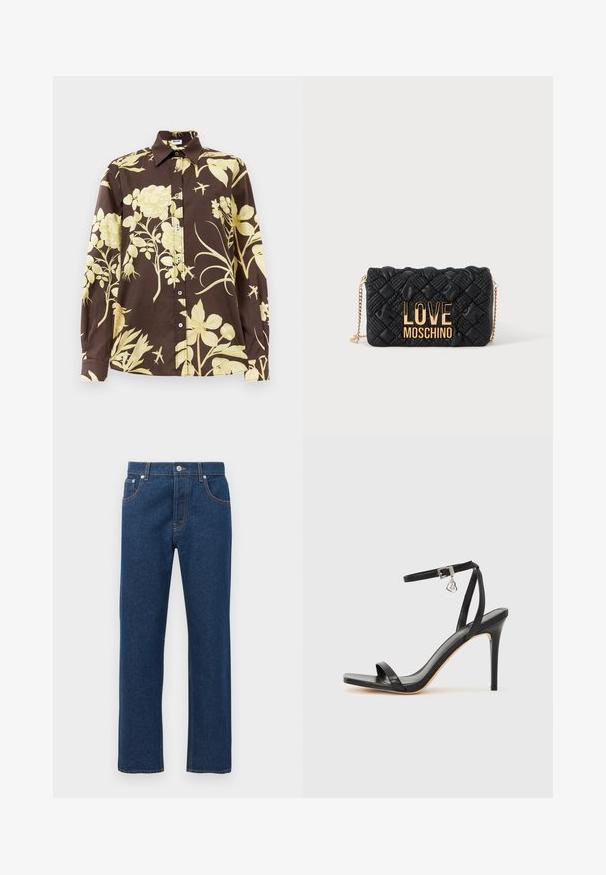 Camisa de manga larga marrón con grandes patrones florales amarillos, cuello puntiagudo y cierre de botones. Fabricada en tejido ligero.; Jeans de denim oscuro rectos con bolsillos delanteros y traseros, trabillas para cinturón, cierre de botón y costuras naranjas visibles.; Sandalia de tacón alto negra con una estrecha correa en el tobillo, punta cuadrada, material de cuero liso y detalle de hebilla metálica.; Bolso bandolera negro acolchado con correa de cadena dorada y gran logo dorado "LOVE MOSCHINO" en el frente.