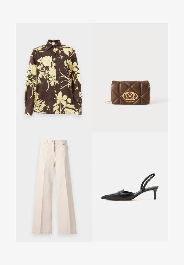 Camisa de manga larga marrón con grandes patrones florales amarillos, cuello puntiagudo y cierre de botones. Fabricada en tejido ligero.; Pantalones de tiro alto beige de pierna ancha con botonera frontal, cremallera, trabillas y bolsillos laterales sobre un fondo claro.; Tacón destalonado de cuero negro con punta puntiaguda, tira delgada y adorno decorativo dorado. Presenta una ligera curva y un tacón bajo.; Bolso bandolera de cuero marrón acolchado con correa de cadena dorada y logo dorado Love Moschino en el centro delantero.