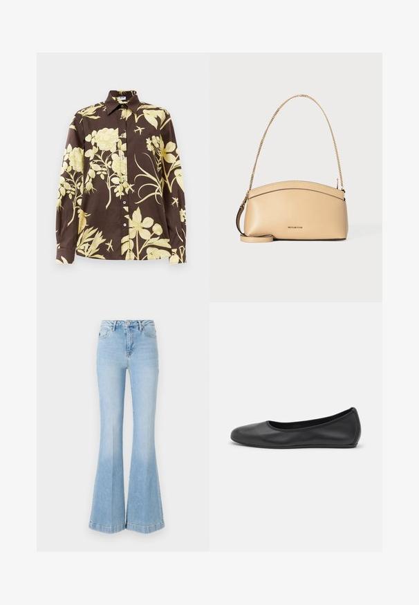 Brun langærmet skjorte med store gule blomster mønstre, spids krave og knaplukning foran. Lavet af letvægtsstof.; Lyseblå flagrende jeans lavet af denim, med høj talje, forlommer og subtil falming samt en ren kant.; Sort læderballetsko med rund tå, glat tekstur, minimal syning og et fleksibelt såldesign.; Beige læderhåndtaske med buet topkant, guld kæde skulderrem og lille guld logo centreret foran.