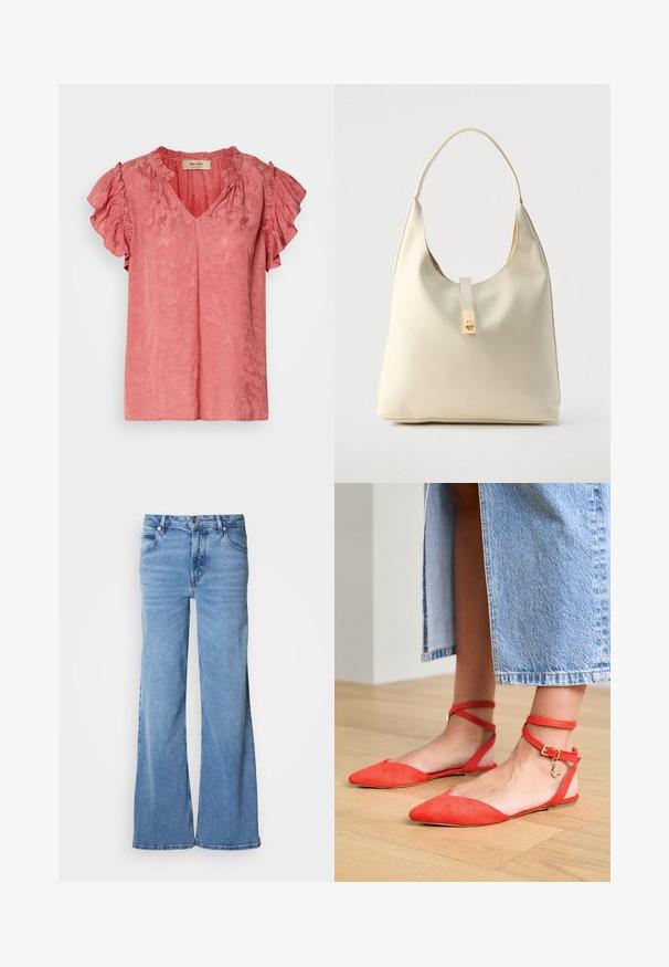 Lyserød kortærmet bluse med flæsekantede ærmer, V-udskæring, tekstureret blomstermønster og blødt stoffinish. Mærket er synligt inden i kraven.; Lyseblå jeans med vid ben lavet af denim. Har et klassisk fem-lomme-design og synlig knaplukning. Blød tekstur og enkel finish.; Røde ruskind flade sko med spidse tæer og ankelremme, prydet med en guldbuckle og en halvmåne charm, placeret på et trægulv.; Hobo-taske i cremefarvet læder med en enkelt skulderrem, glat tekstur og et guldfarvet spænde foran.