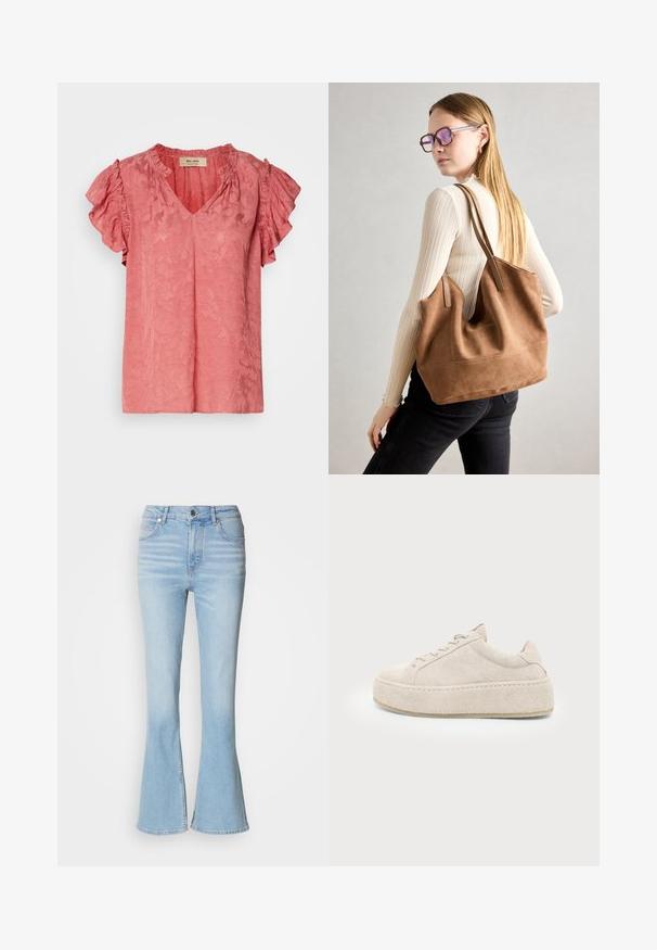 Roze blouse met korte mouwen, met ruches aan de mouwen, V-hals, een gestructureerd bloemenpatroon en een zachte stofafwerking. Merketiket zichtbaar binnen de kraag.; Lichtblauwe flared jeans van denim met een hoge taille, voorzien van subtiele vervaging en een standaard ritsluiting.; Beige suède plateau sneaker met dikke zool en vetersluiting, zijaanzicht op een effen witte achtergrond.; Bruine suède totebag met zachte textuur, grote opening en lange hengsels. Het heeft een eenvoudig ontwerp met zichtbare stiksels en geen hardware.