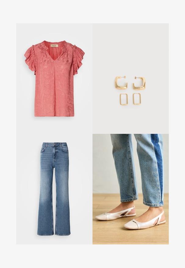 Lyserød kortærmet bluse med flæsekantede ærmer, V-udskæring, tekstureret blomstermønster og blødt stoffinish. Mærket er synligt inden i kraven.; Mos Mosh MAI - Jeans Straight Leg - blue wash; Lyserøde slingback flade sko med spidse tær, lavet af et glat læderlignende materiale. Har udskæringsdetaljer på siderne og en flad hæl.; To par guldfarvede geometriske hoop-øreringe på en ensfarvet hvid overflade, et par firkantede og solide, et par rektangulære og hule.