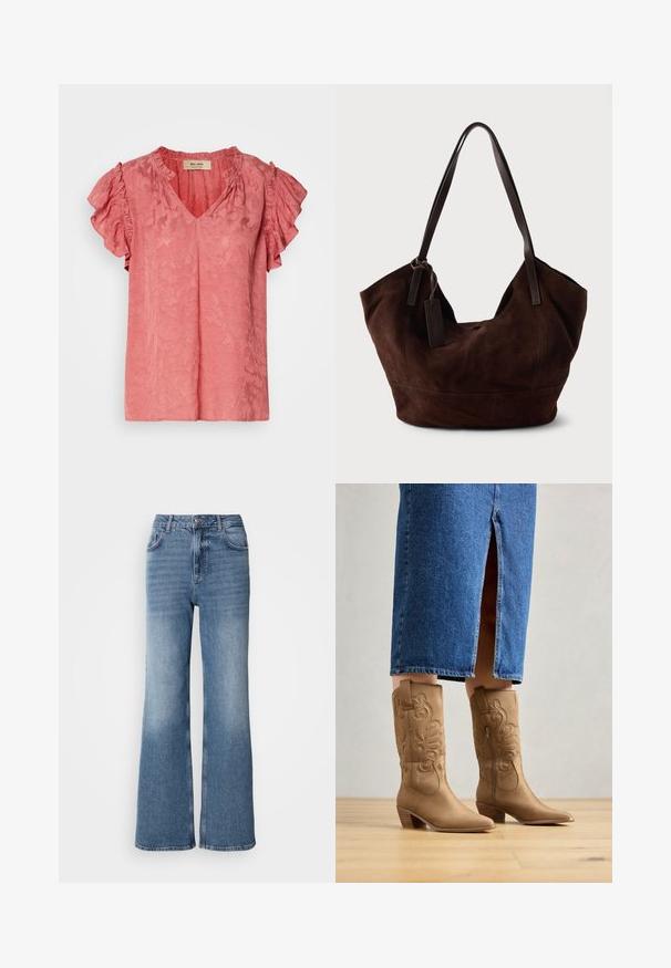 Blouse rose à manches courtes avec des manches volantes, décolleté en V, motif floral texturé et finition en tissu doux. Étiquette de marque visible à l'intérieur du col.; Mos Mosh MAI - Jean droit - blue wash; Bottes western en cuir marron avec des coutures décoratives, bout pointu et talon empilé. Portées avec une jupe en denim longue jusqu'au genou, mettant en valeur les bottes.; Handbag en cuir suédé marron avec une forme douce et souple. Doté de poignées en cuir et d'une étiquette décorative. Texture plain avec des coutures courbes.