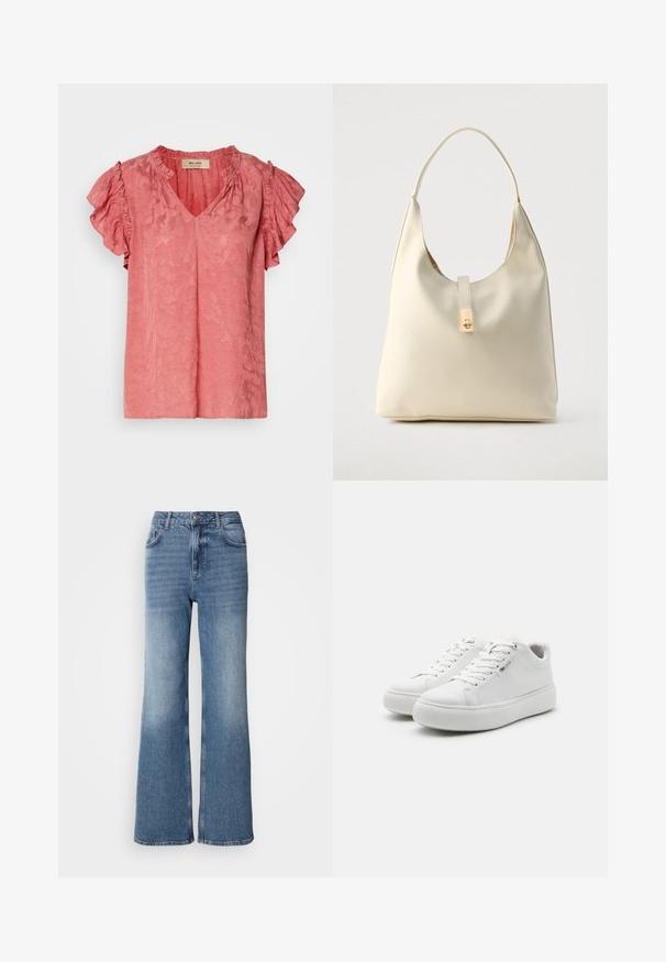Lyserød kortærmet bluse med flæsekantede ærmer, V-udskæring, tekstureret blomstermønster og blødt stoffinish. Mærket er synligt inden i kraven.; Mos Mosh MAI - Jeans Straight Leg - blue wash; Hvide lavtop sneakers med en glat lærredsoverdel, rund tå og tyk gummisål. Har snørebånd foran og et minimalistisk design.; Hobo-taske i cremefarvet læder med en enkelt skulderrem, glat tekstur og et guldfarvet spænde foran.