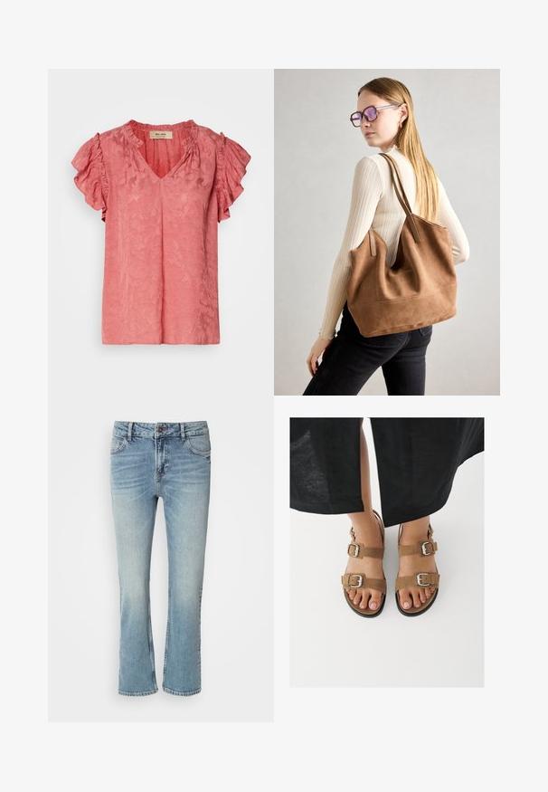 Lyserød kortærmet bluse med flæsekantede ærmer, V-udskæring, tekstureret blomstermønster og blødt stoffinish. Mærket er synligt inden i kraven.; Lys blå denimjeans med et lige ben-design, der har en knaplukning, fem lommer og slidte områder for en brugt effekt.; Fødder iført brune ruskindssandaler med sølvspænder, stående på en hvid overflade, med sorte bukser synlige over anklerne.; Brun ruskind tote taske med blød tekstur, stor åbning og lange stropper. Har et enkelt design med synlige syninger og ingen hardware.