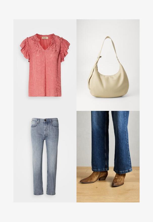 Lyserød kortærmet bluse med flæsekantede ærmer, V-udskæring, tekstureret blomstermønster og blødt stoffinish. Mærket er synligt inden i kraven.; Lys blå denimjeans med en afslappet pasform, lige ben og subtil falmning. Har en frontlukning med knap og fem lommer til praktisk brug.; Brune suede ankelstøvler med spids tå og en lille hæl, parret med mørkeblå flared jeans, på et trægulv.; Beige læder skuldertaske med en buet form, justerbar rem og præget logo detalje, der har en glat tekstur og minimalistisk design.