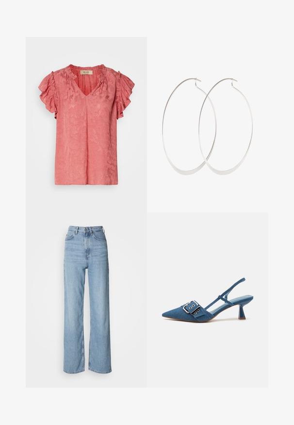 Roze blouse met korte mouwen, met ruches aan de mouwen, V-hals, een gestructureerd bloemenpatroon en een zachte stofafwerking. Merketiket zichtbaar binnen de kraag.; Lichtblauwe high-waisted jeans met een rechte pijp, gemaakt van denim, met een sluiting aan de voorkant met knopen en subtiele vervagingdetails.; Denim slingback pumps met een spitse neus, verstelbare gespstrap en een glanzende blauwe hak. Glad textuur met een lichtblauwe inlegzool.; Zilveren oorringen met een dun, glad ontwerp; langwerpige ovale vorm; gepolijste afwerking; voorzien van een veilige haaksluiting.