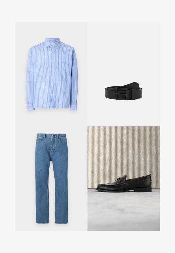 Vaaleansininen raidallinen paita, jossa on pitkät hihat, kaksi etutaskua, nappikiinnitys ja erottuvat ohuet raidat. Valmistettu puuvillasekoitemateriaalista.; Vaaleansiniset suorat denimfarkut, joissa on viisi taskua, nappikiinnitys ja hillittyjä ompelutikkutietoja saumojen varrella.; Musta nahkainen loafer, jossa on kultainen metallinen koriste ja "HUGO"-brändäys, esillä beigen maton ja ruskean läpikuultavan kalusteen edessä.; Mustahiil nahkavöö matte viimistlusega, ristkülikukujuline metallist pandla ja siledaga tekstuur. Omab puhta disaini ilma nähtavate mustriteta.