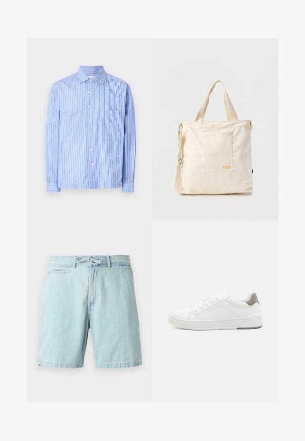 Lichtblauw gestreept shirt met lange mouwen, twee voorkruiden, knoopsluiting, en contrasterende dunne strepen. Gemaakt van een katoenmix.; Lichtblauwe denim shorts met een elastische tailleband en strikdetails, voorzien van zijzakken en een ontspannen pasvorm. Gladde textuur, casual design.; Witte sneaker van glad leer met een ronde neus, minimalistisch ontwerp, grijze hielaccent en een geplaatste rubberen zool.; Crèmekleurige canvas boodschappentas met voorvak, twee handvatten, verstelbare schouderriem en kleine gele "O.N.S" tekst rechtsonder op het vak.