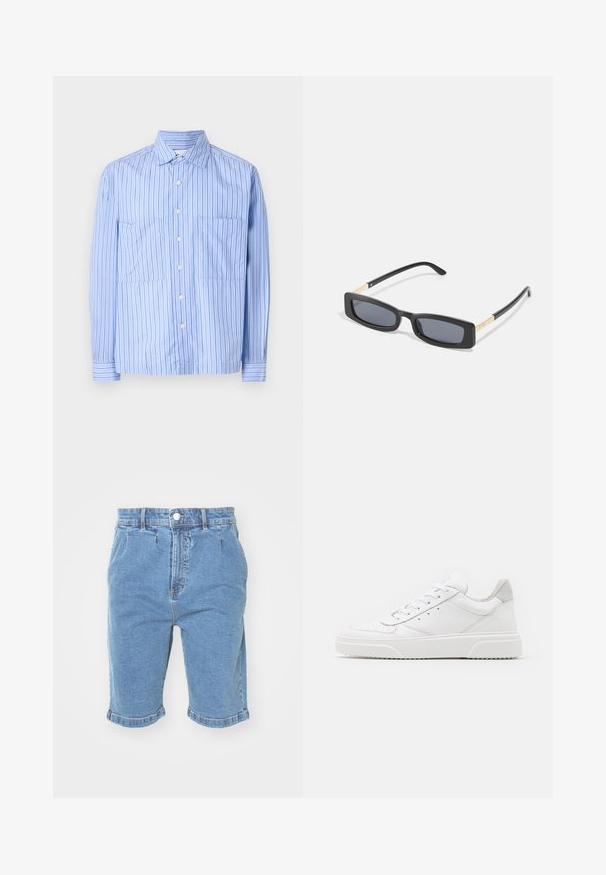 Lyseblå stribet skjorte med lange ærmer, to forlommer, knaplukning og kontrasterende tynde striber. Fremstillet af en blanding af bomuldsmateriale.; Denim Project DPMDPSLOUCHY DENIM SHORTS - Denimshorts - blue; Hvide lædersneakers med en glat finish, rund tå, flade snørebånd og en struktureret sål. Grå ruskindsdetalje ved hælen.; Rektangulære sorte solbriller med mørke linser. Slanke, flade arme har en guldfarvet detalje. Glat plastisk ramme med mat finish.