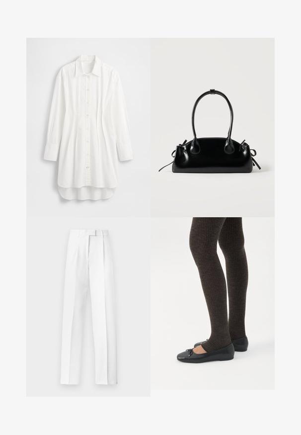 Wit overhemd met lange mouwen van katoen; voorzien van knoopsluiting aan de voorkant, puntige kraag en een afgeronde zoom met een iets langere achterkant.; Witte, op maat gemaakte broek met een hoge taille, voorplooien, broekriemlussen en rechte, brede pijpen tegen een effen achtergrond.; Benen met donkere geribbelde leggings gecombineerd met zwarte ballerina's met kleine strikdetails op een witte achtergrond.; Kleine zwarte glanzende handtas met twee lange hengsels en zijkant trekkoord details op een effen lichte achtergrond.