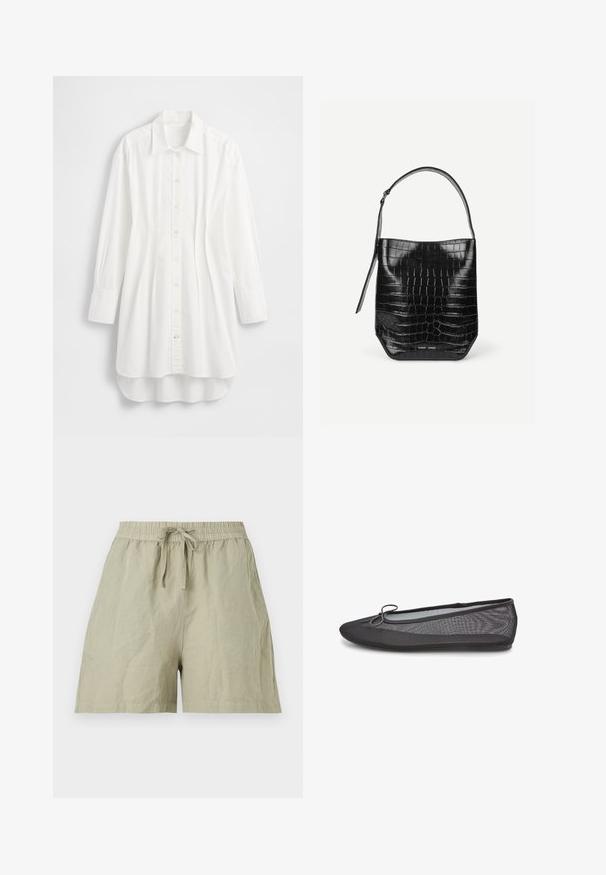 Chemise blanche à manches longues en coton ; dotée d'une fermeture boutonnée à l'avant, d'un col pointu et d'un ourlet incurvé avec un dos légèrement plus long.; Shorts décontractés beige clair avec taille élastique et cordon noué à l'avant, présentés à plat sur fond blanc.; Ballerine noire en mesh avec un bout rond, un détail de nœud fin à l'avant et une semelle flexible au design profilé et bas.; Sac seau en cuir embossé noir façon croco avec une seule bandoulière et un petit logo argenté de la marque au centre en bas à l'avant.