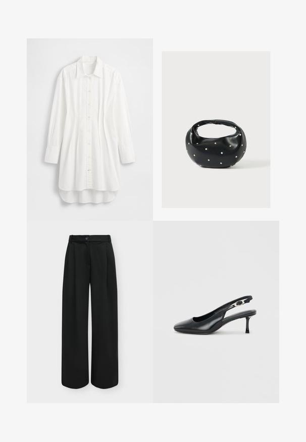 Camisa blanca de manga larga hecha de algodón; presenta cierre frontal con botones, cuello puntiagudo y dobladillo curvado con la parte trasera ligeramente más larga.; Pantalones negros de tiro alto y pierna ancha con botón delantero y cremallera oculta sobre un fondo liso y claro.; Zapato tipo slingback de cuero negro con punta puntiaguda, tacón bajo y delgado estilo kitten, y correa ajustable con hebilla, sobre un fondo claro y liso.; Bolso de mano de cuero negro con forma redondeada, decorado con detalles de tachuelas plateadas y un asa corta. Textura lisa y cierre con cremallera.
