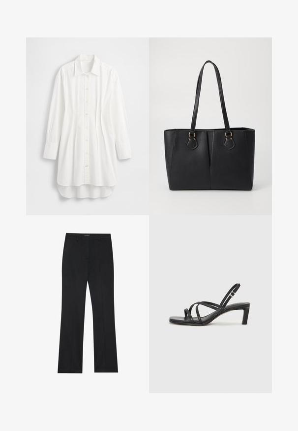 Camisa blanca de manga larga hecha de algodón; presenta cierre frontal con botones, cuello puntiagudo y dobladillo curvado con la parte trasera ligeramente más larga.; Pantalones negros con corte recto, tejido suave y sin patrones visibles. Diseñados con bolsillos frontales clásicos y cierre de cremallera.; Sandalia negra de tiras con punta cuadrada y tacón bajo de bloque. Presenta múltiples tiras delgadas y una correa ajustable en el tobillo. Fabricada en cuero suave.; Bolso tote de cuero sintético negro con un acabado texturizado, dos asas largas y detalles en tono dorado en el lateral. Forma rectangular.