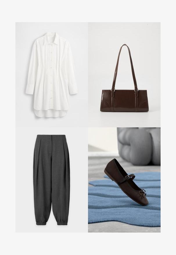 Camisa blanca de manga larga hecha de algodón; presenta cierre frontal con botones, cuello puntiagudo y dobladillo curvado con la parte trasera ligeramente más larga.; Pantalones holgados de color gris oscuro con pliegues en la parte delantera y puños elásticos en los tobillos sobre un fondo liso.; Zapato plano Mary Jane de color marrón oscuro con hebilla y detalle de lazo, descansando sobre una alfombra texturizada azul ondulada y un sofá acolchado gris al fondo.; Bolso de mano de piel sintética marrón con forma rectangular, dos asas largas y sutiles acentos curvados en la parte delantera.